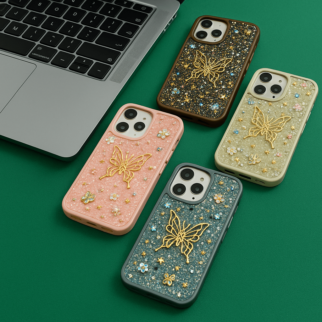 جراب iPhone من السيليكون الناعم بتصميم فراشة لامعة ثلاثية الأبعاد وأحجار الراين